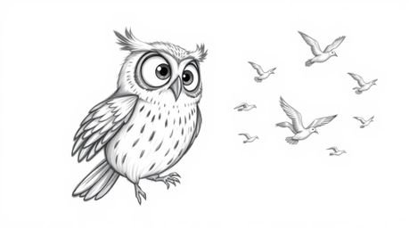 A heartwarming Pixar-style hand-drawn sketch depicts a blind owl with large, expressive eyes, teaching a flock of birds to fl