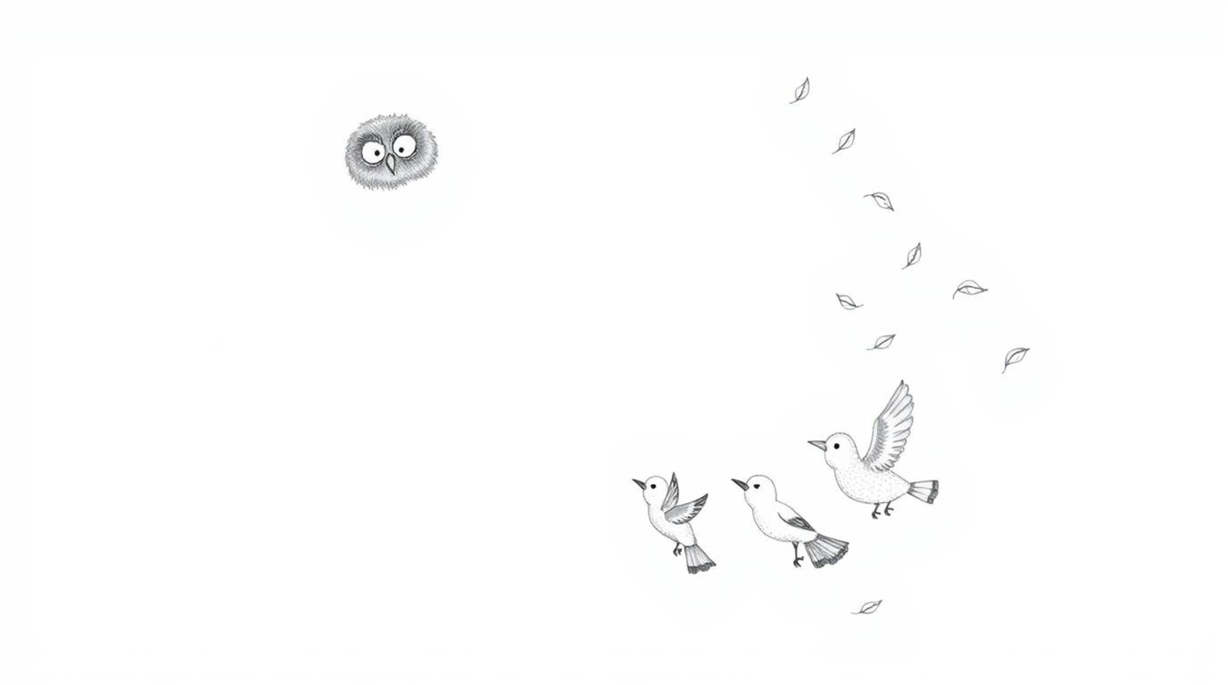 A charming Pixar-style hand-drawn sketch depicts a blind owl with detailed, textured feathers, gently guiding a group of bird