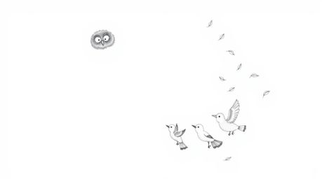 A charming Pixar-style hand-drawn sketch depicts a blind owl with detailed, textured feathers, gently guiding a group of bird