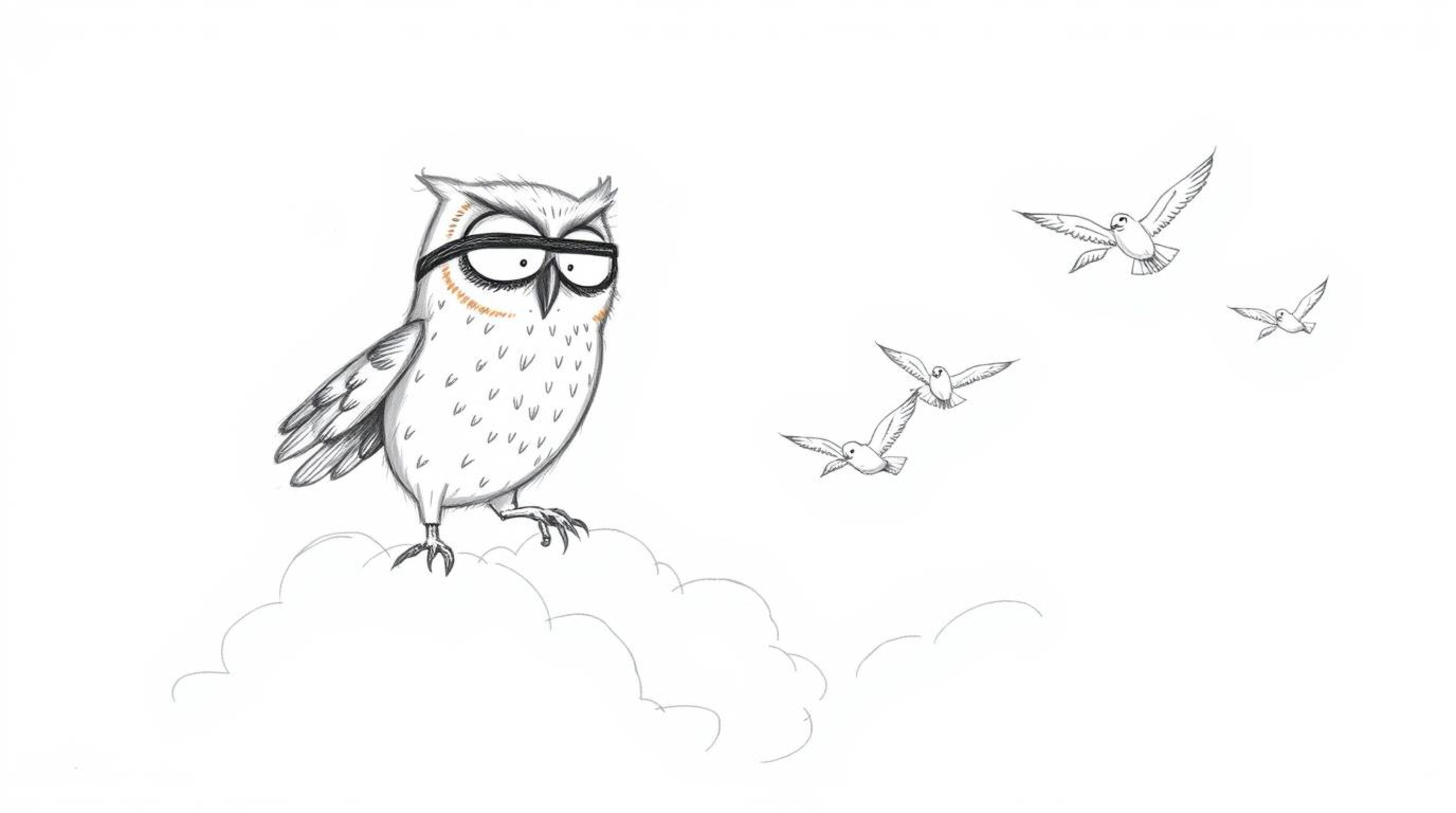 A heartwarming hand-drawn pencil sketch reminiscent of Pixar's style depicts a sightless owl, radiating pride, guiding a floc