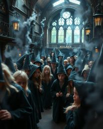 Immerse yourself in a tight close-up shot of a magical school teeming with young wizards. This image emphasizes intricate det