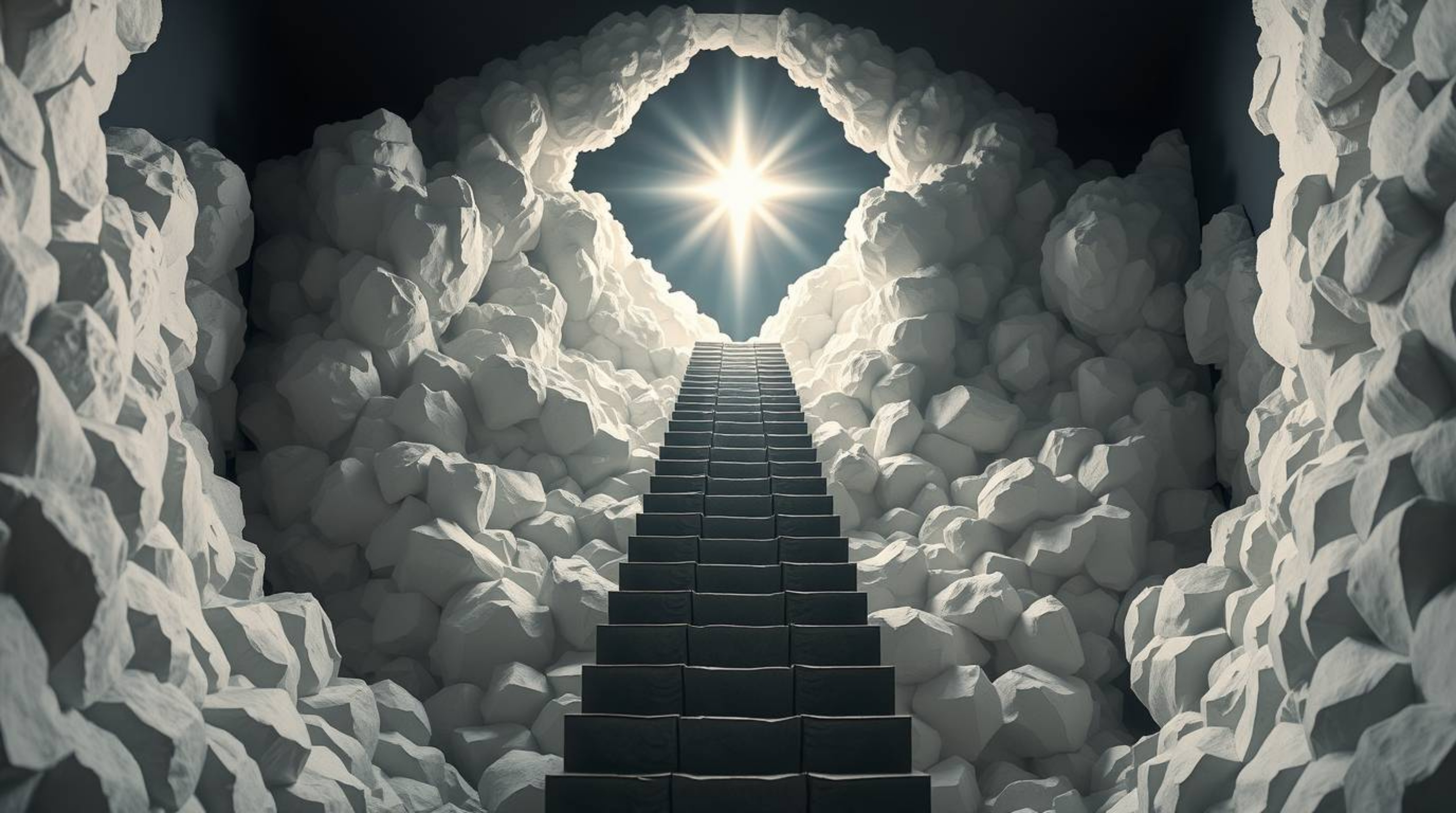 A surreal stairway ascends through smoky clouds towards a celestial light, symbolizing spiritual awakening. This artwork is