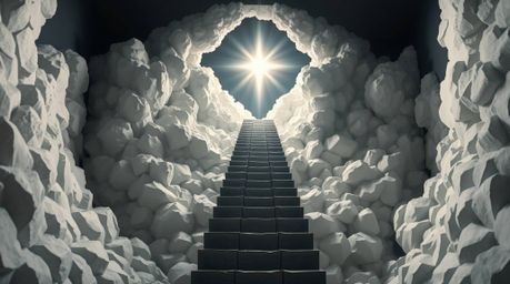 A surreal stairway ascends through smoky clouds towards a celestial light, symbolizing spiritual awakening.  This artwork is 