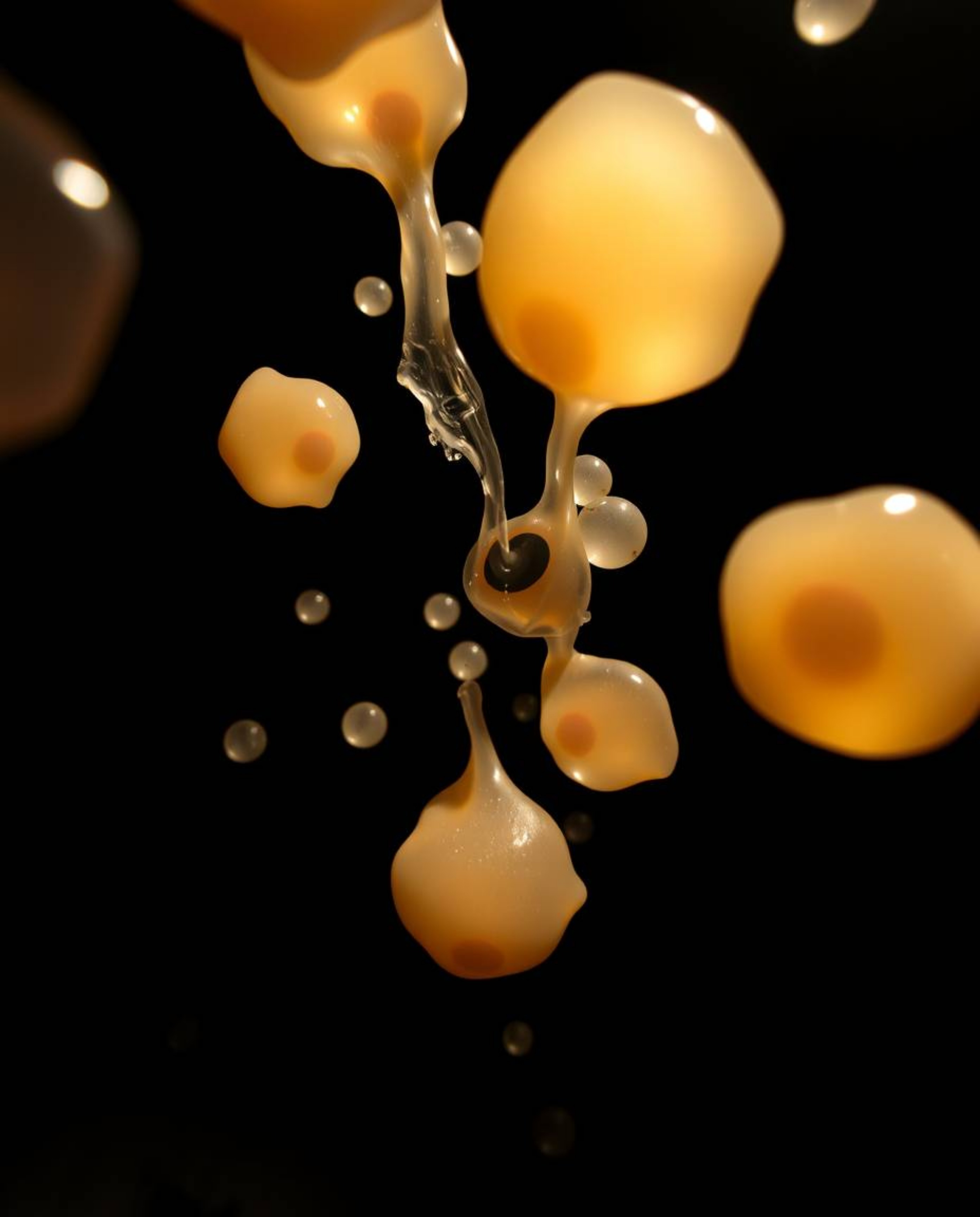 Explore visually stunning 3D art featuring floating blobs of fluid jelly captured from a high angle perspective. The images s