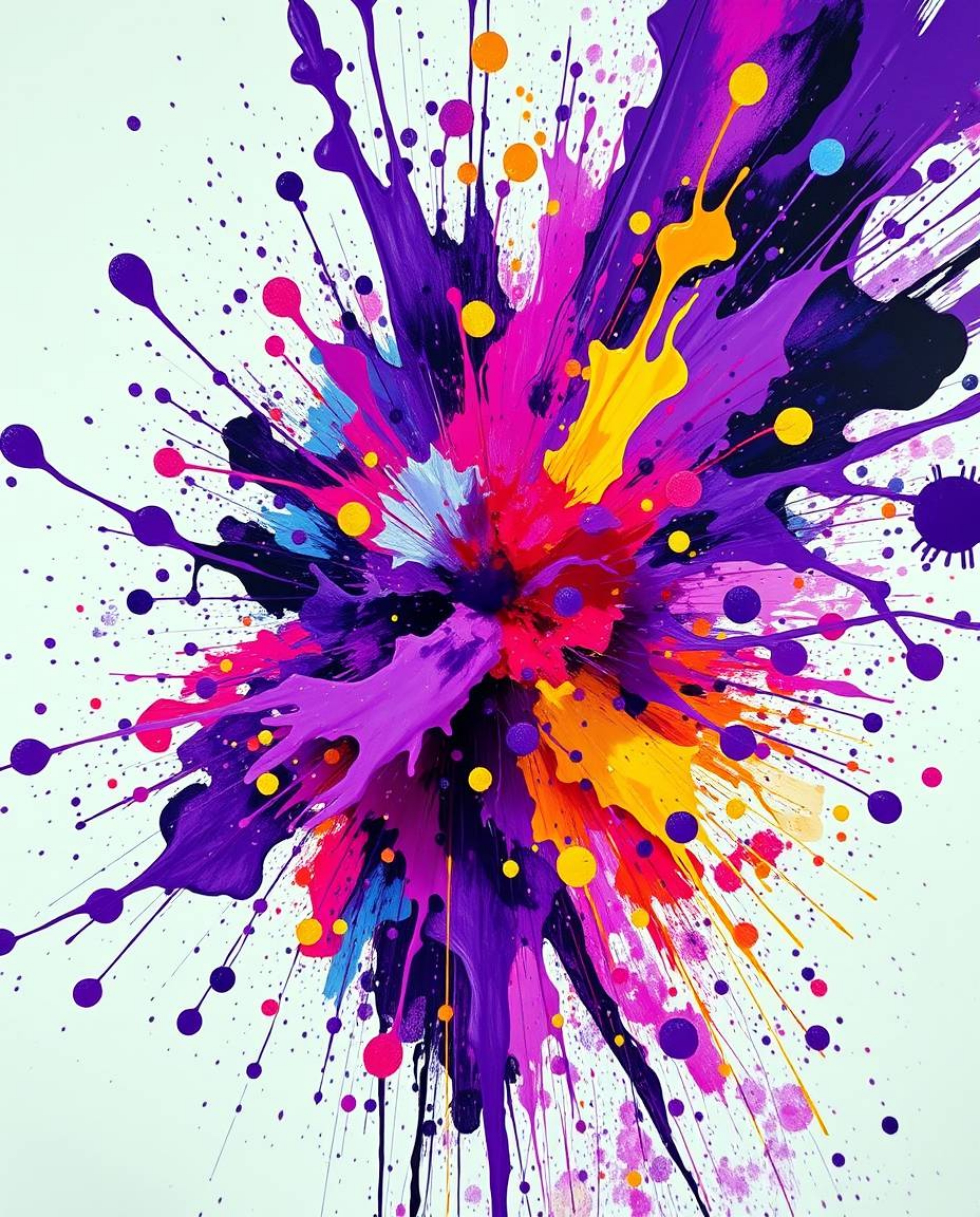 Experience the raw emotion and energy of abstract art with this vibrant explosion of colorful paint splashes on a white canva