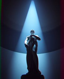 A classically sculpted figure is bathed in gentle, soft light from above, captured from a bird's-eye perspective. The artwork