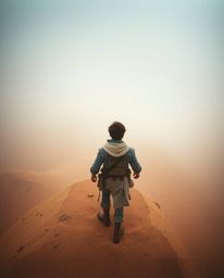 Experience a thrilling desert adventure in a Disney-style aesthetic, featuring a brave hero navigating through thick fog and