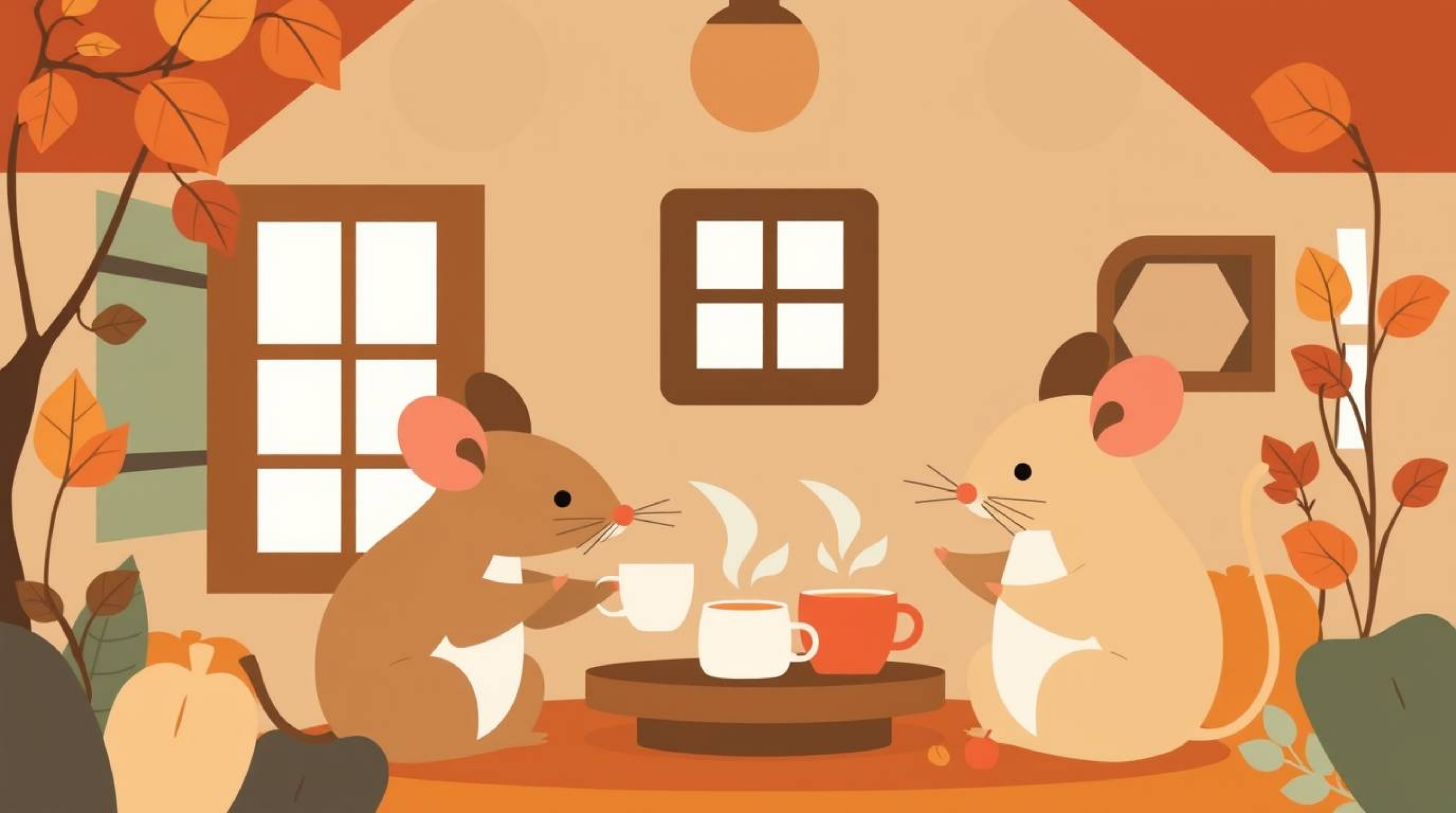 Immerse yourself in a charming modern flat design illustration featuring anthropomorphic mice enjoying a delightful tea party