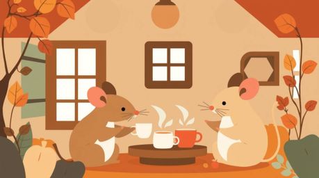 Immerse yourself in a charming modern flat design illustration featuring anthropomorphic mice enjoying a delightful tea party
