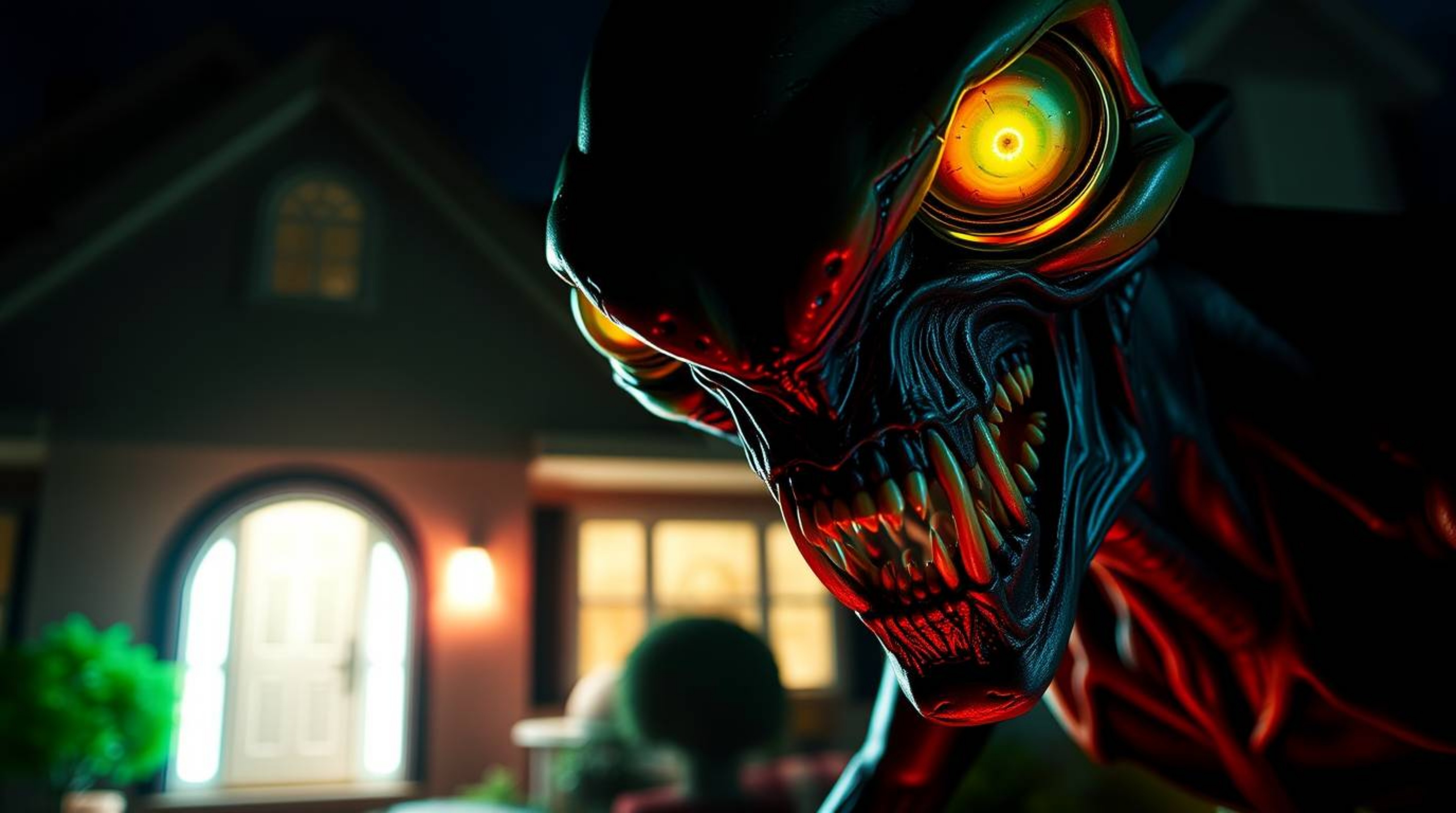 An eerie and unsettling image depicting an alien with sharp teeth and glowing eyes residing in a seemingly normal suburban ho