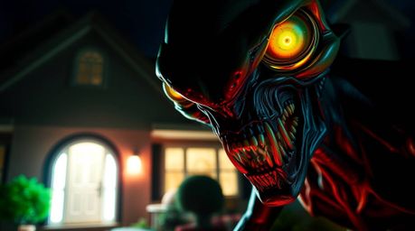 An eerie and unsettling image depicting an alien with sharp teeth and glowing eyes residing in a seemingly normal suburban ho