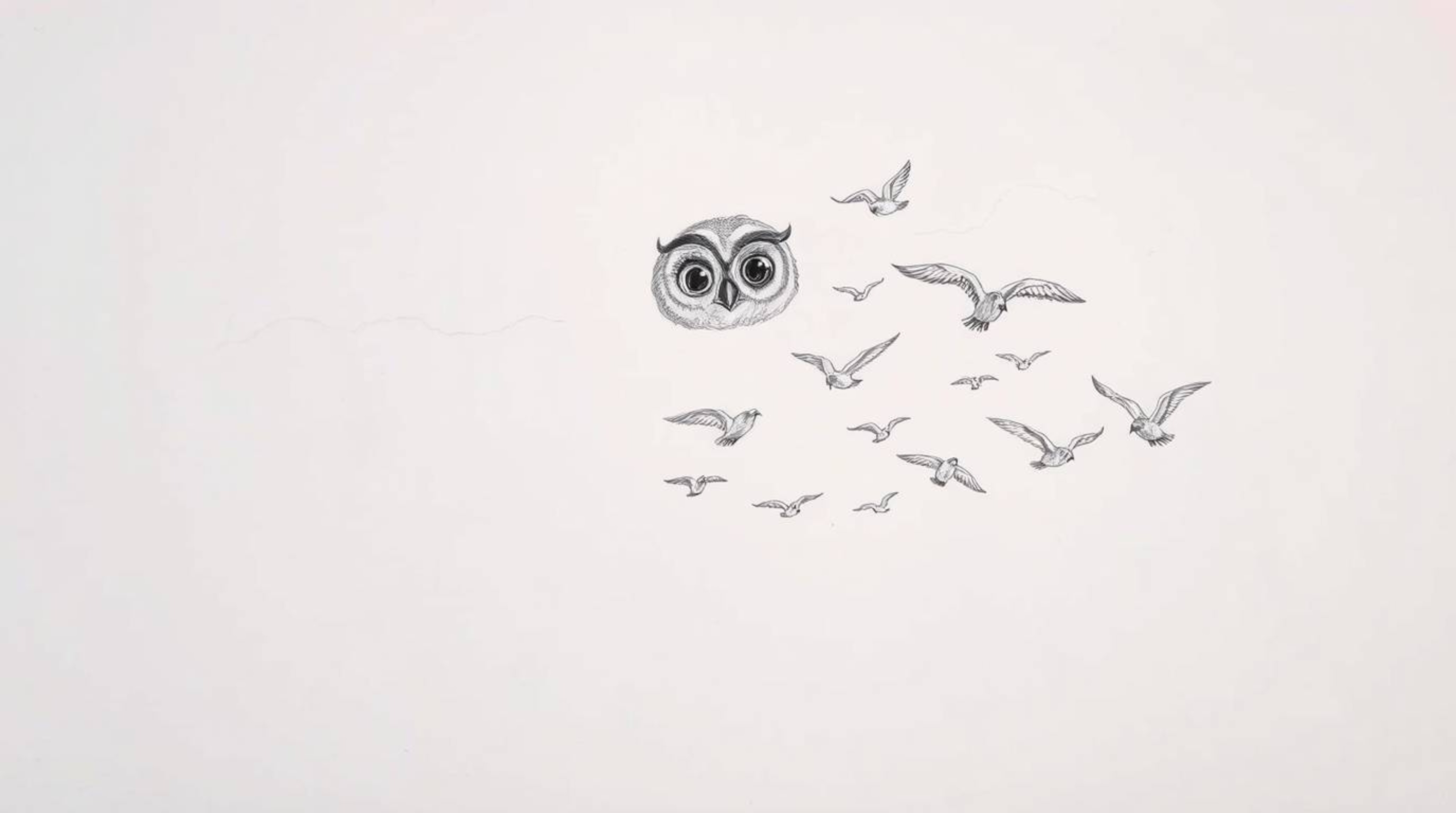 A heartwarming, hand-drawn sketch in the style of Pixar shows a blind owl with endearing, soft feathers and large, expressive