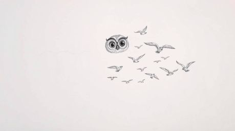A heartwarming, hand-drawn sketch in the style of Pixar shows a blind owl with endearing, soft feathers and large, expressive