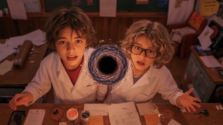 In a vibrant, cinematic photograph reminiscent of Pixar's whimsical aesthetic, a science fair duo—a boy with a few missing te