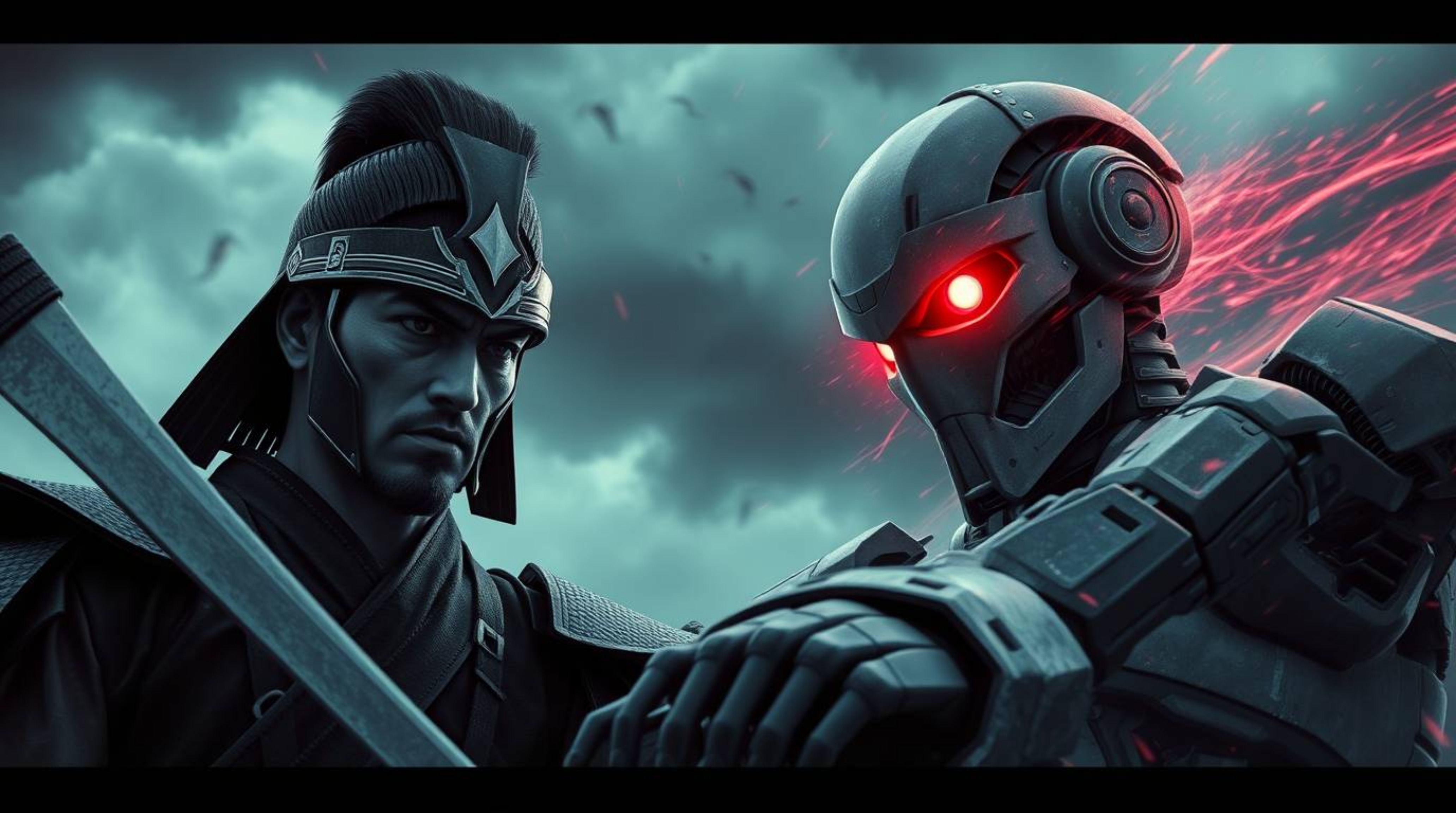 A stoic samurai and a robot with glowing red eyes engage in an intense battle amidst a dystopian storm.  Surreal infrared ton