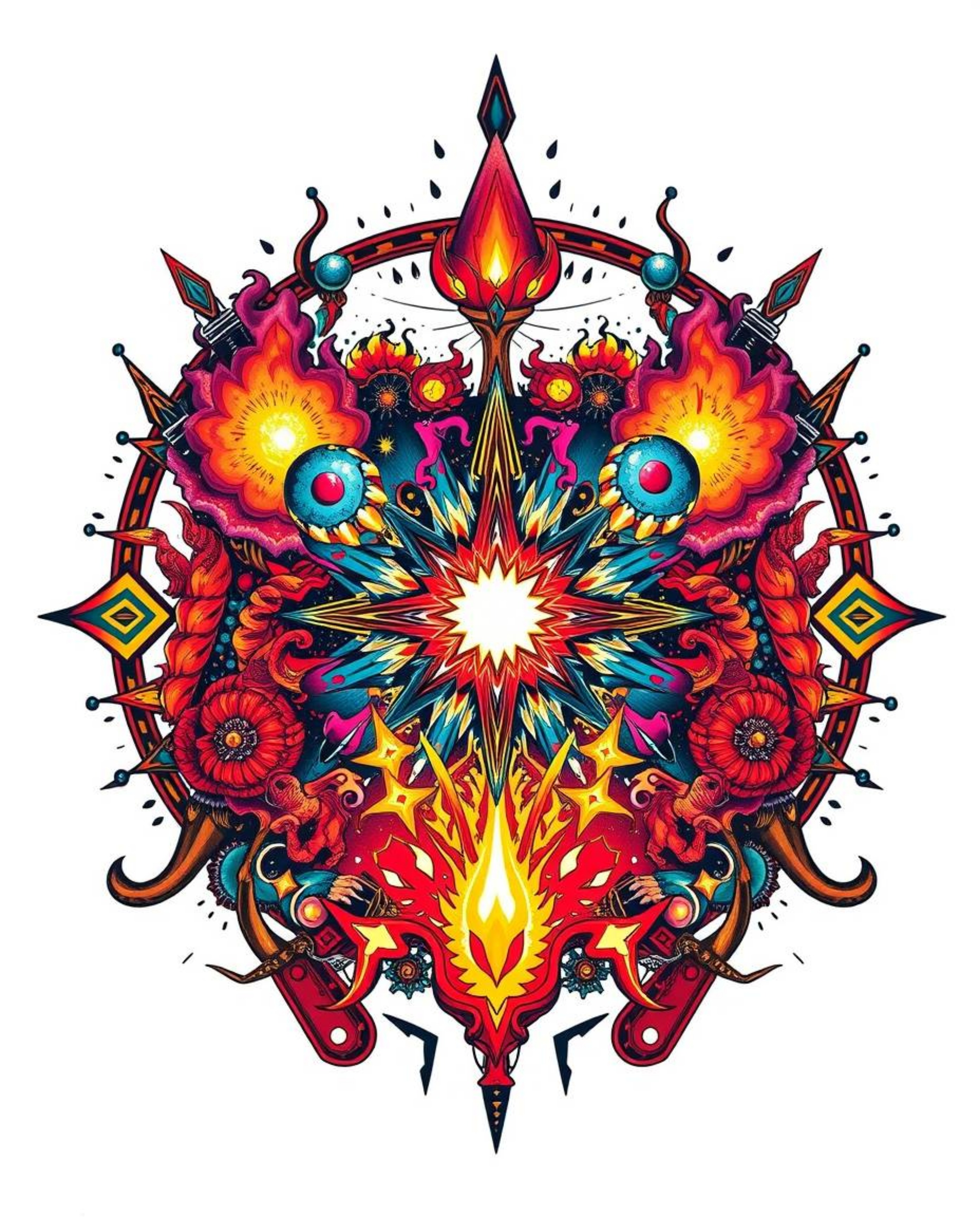 Discover stunning symbolic traditional tattoo art prints featuring colliding galaxies in a cosmic explosion of vibrant colors