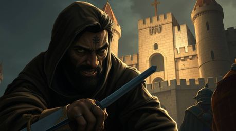 A captivating scene depicts a thief with sharp features and olive skin, stealthily infiltrating a heavily guarded castle unde