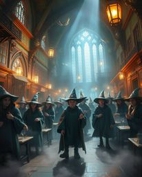 Immerse yourself in a surreal digital painting of a magical school brimming with young wizards. This artwork features captiva