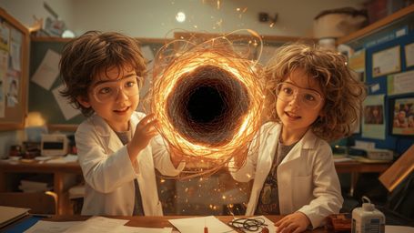 A vibrant, cinematic photograph captures two enthusiastic science fair students—a boy with messy brown hair and a girl with c