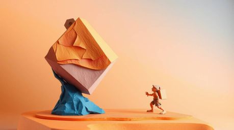 This layered papier-mâché sculpture depicts a humorous scene of an anvil about to fall on a trickster character. The artwork 