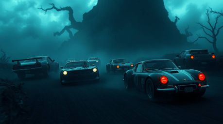 Immerse yourself in a dark and eerie racing scene where outlandish cars compete within an unsettling, mystical environment. T