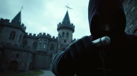 A captivating close-up shot depicts a thief's daring infiltration of a heavily guarded castle. The scene showcases a sophisti
