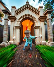Discover breathtaking architectural photography showcasing a child's whimsical adventure. A vibrant and dynamic image captur