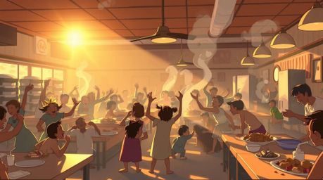 Experience a whimsical and chaotic scene in this cartoon cafeteria food fight, bathed in the warm, soft glow of golden hour l