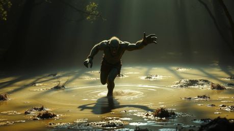 A captivating image depicts an ogre performing a vibrant dance within a swampy environment.  The scene is dramatically lit wi