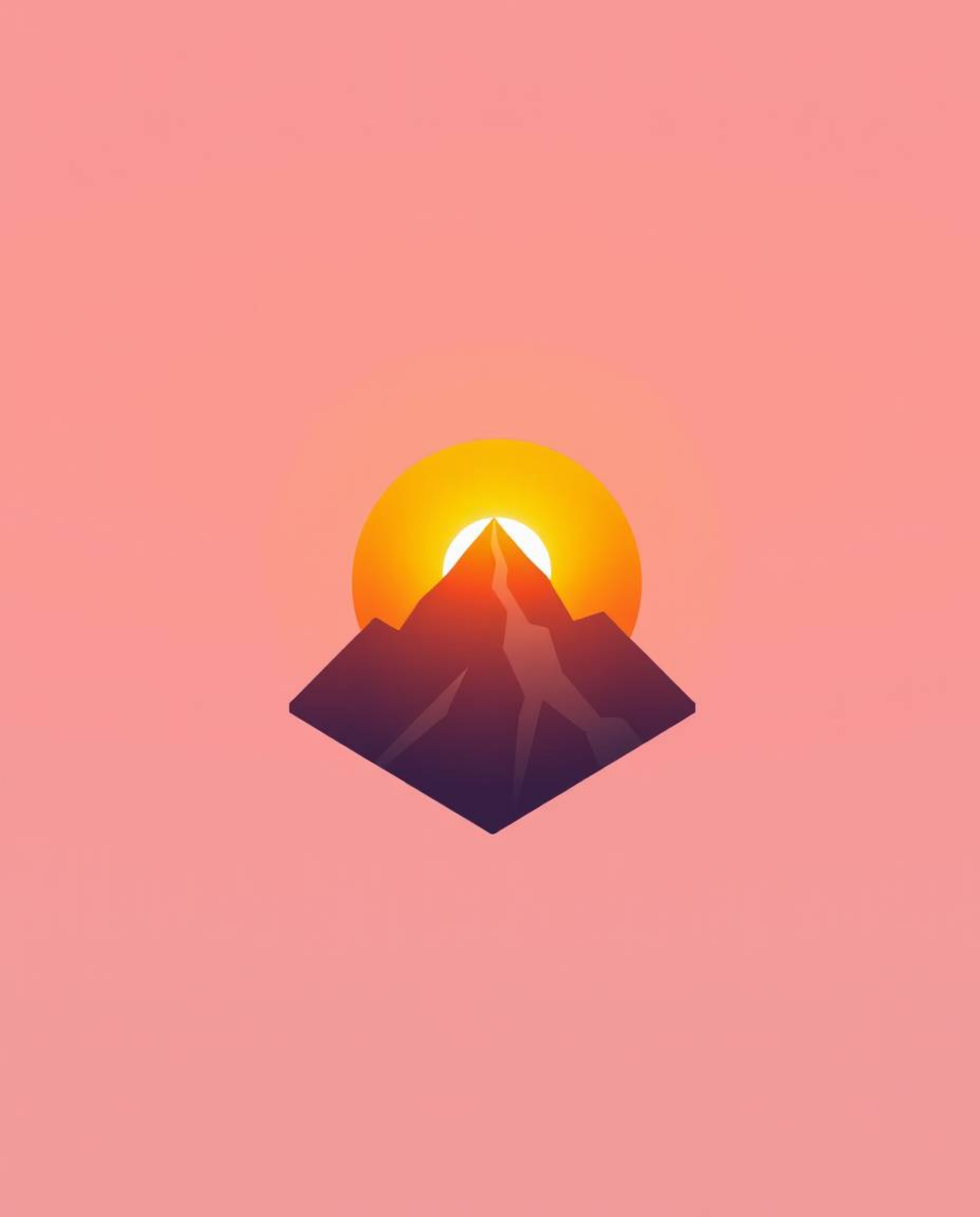 A hazy, soft light illuminates this geometric logo, which depicts a sunset from a high alpine peak. The design features clean