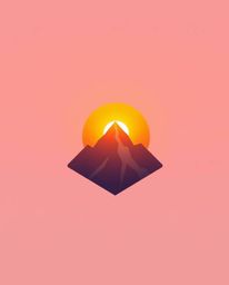A hazy, soft light illuminates this geometric logo, which depicts a sunset from a high alpine peak. The design features clean