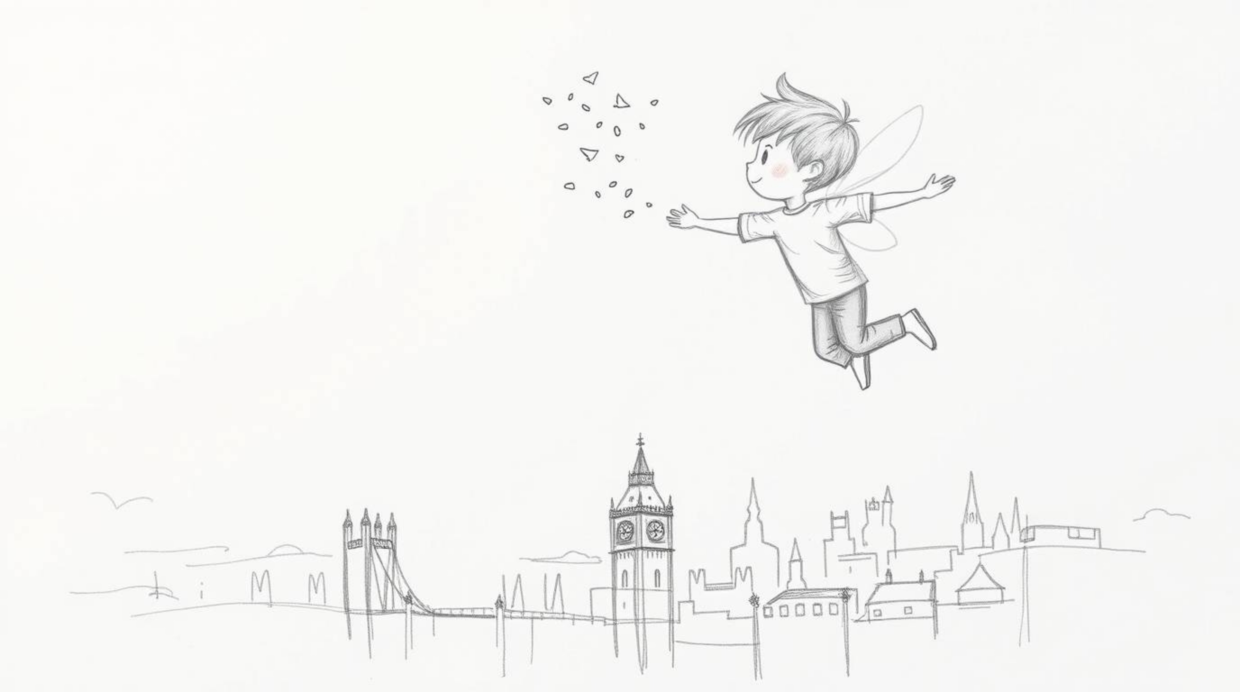 A hand-drawn sketch depicts a young boy soaring above London, propelled by pixie dust, creating a dreamy and ethereal atmosph