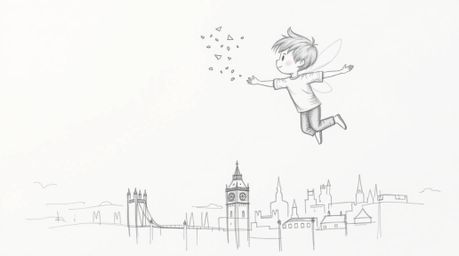 A hand-drawn sketch depicts a young boy soaring above London, propelled by pixie dust, creating a dreamy and ethereal atmosph