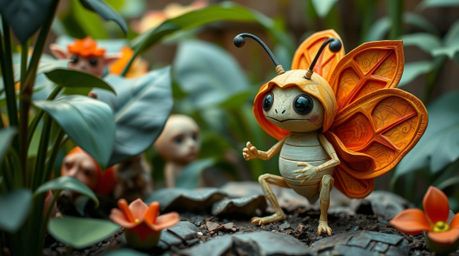 Explore a whimsical world with a bug-sized hero venturing through a backyard jungle. This charming character is meticulously 