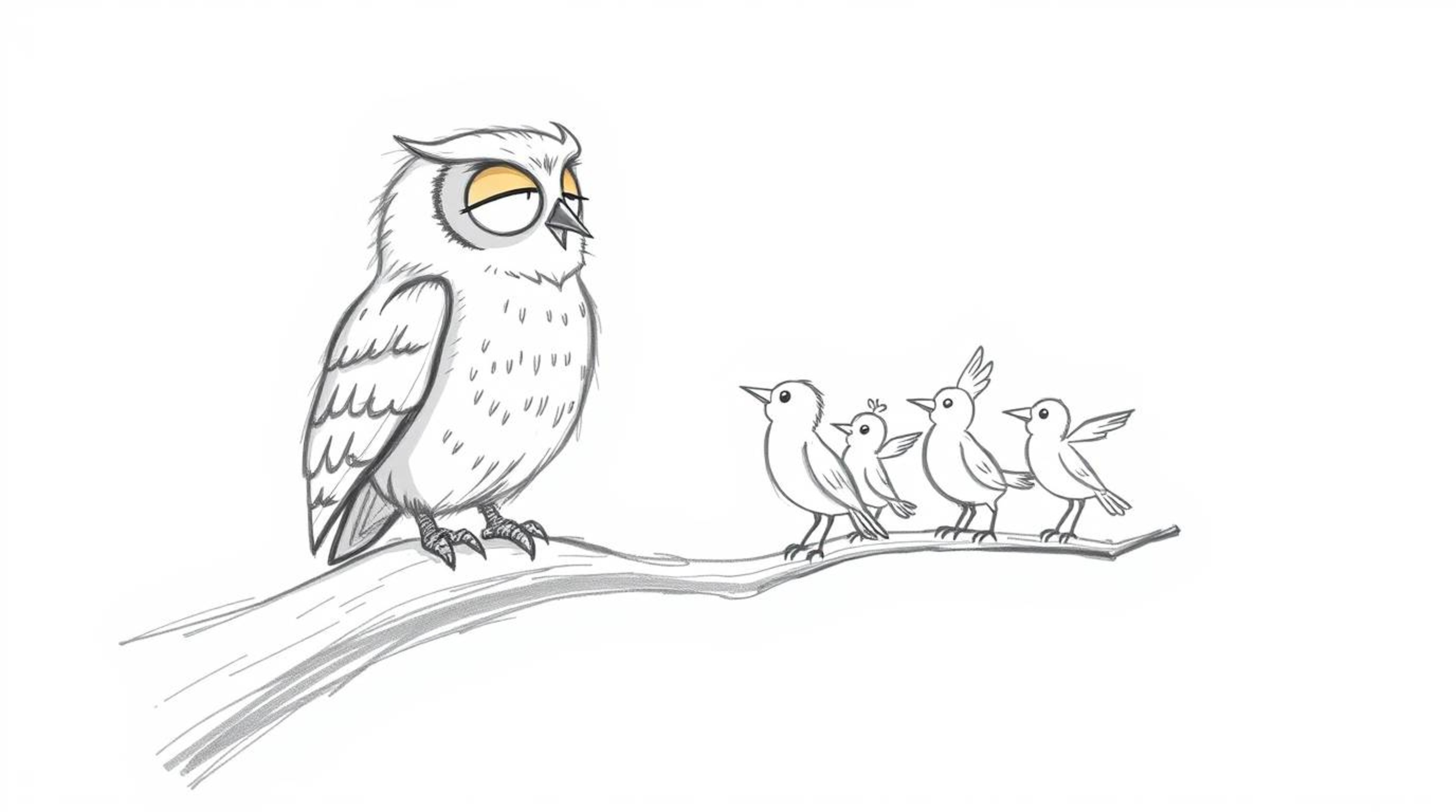 A heartwarming hand-drawn sketch in the style of Pixar portrays a blind owl with delicate, downy feathers guiding a flock of 