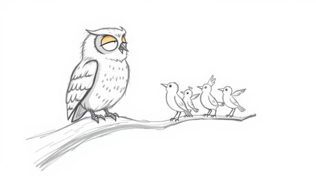 A heartwarming hand-drawn sketch in the style of Pixar portrays a blind owl with delicate, downy feathers guiding a flock of 
