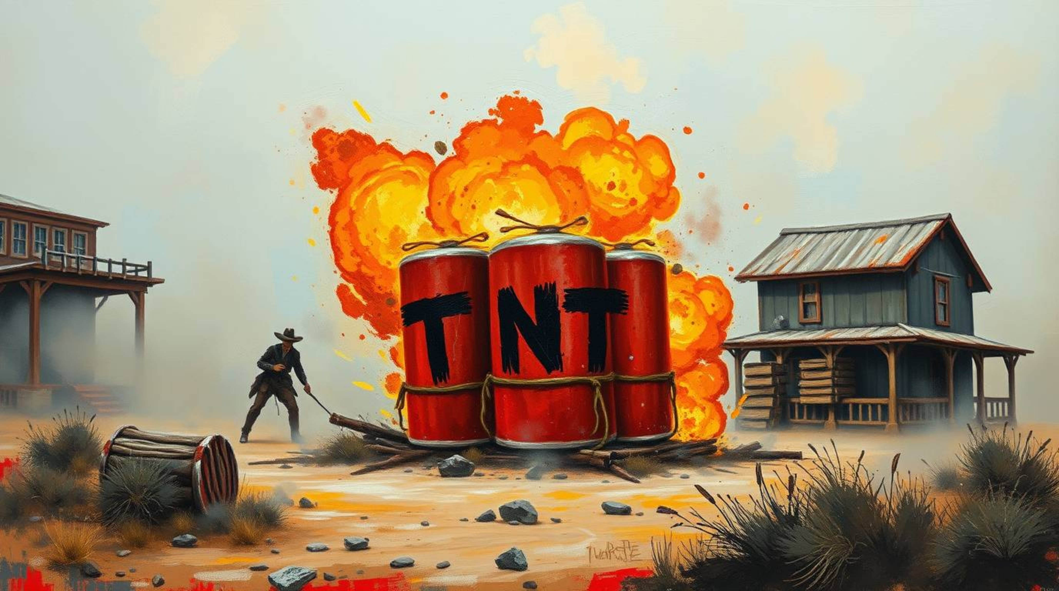This bold acrylic painting depicts a classic exploding TNT gag set in the wild west, featuring thick, foggy surroundings and 