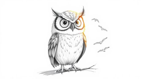 A heartwarming Pixar-style hand-drawn sketch depicts a blind owl, its feathers illuminated by a sunbeam, patiently guiding fl