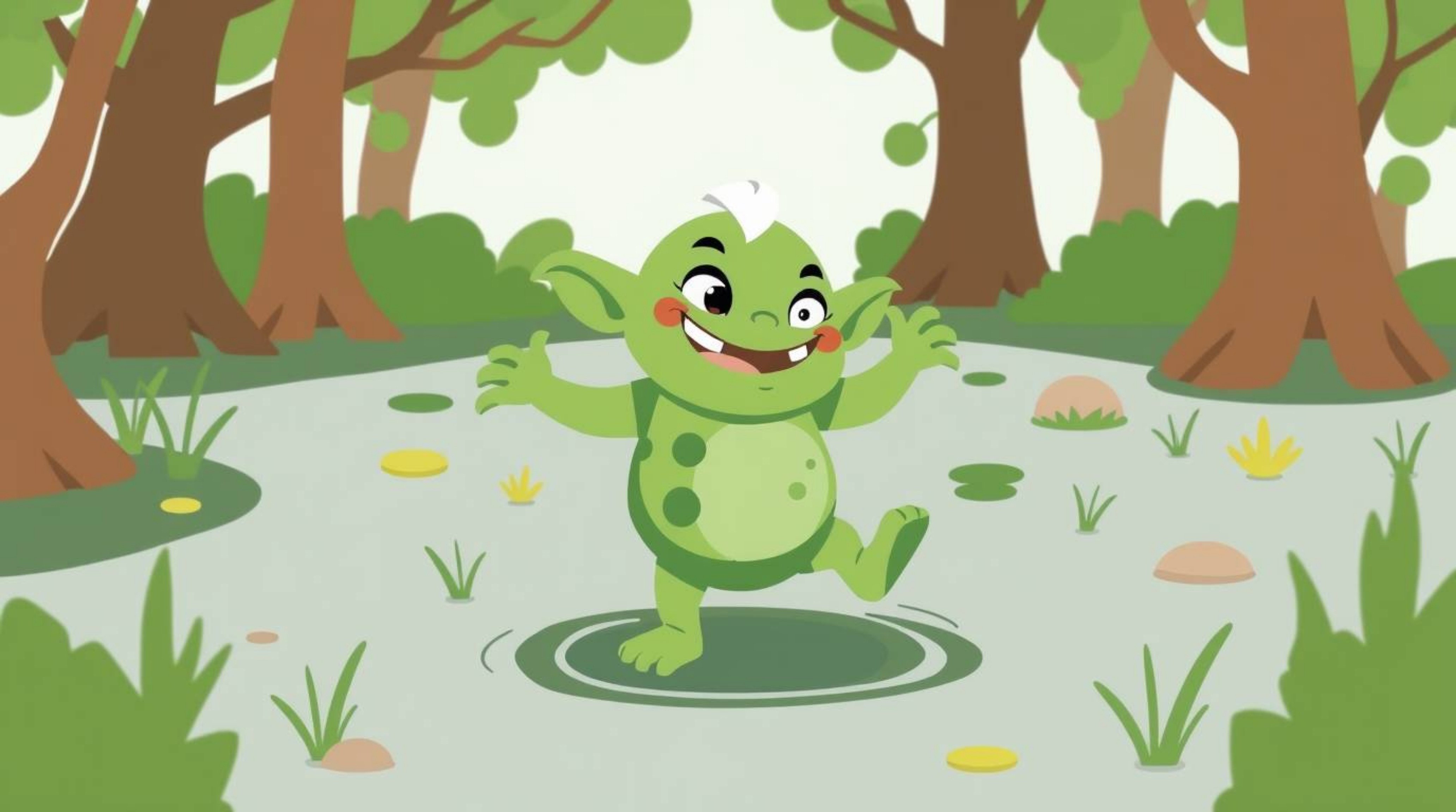 A charming illustration showcases an adorable ogre joyfully dancing in a vibrant swamp.  Created using a modern flat design s