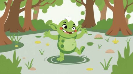 A charming illustration showcases an adorable ogre joyfully dancing in a vibrant swamp.  Created using a modern flat design s