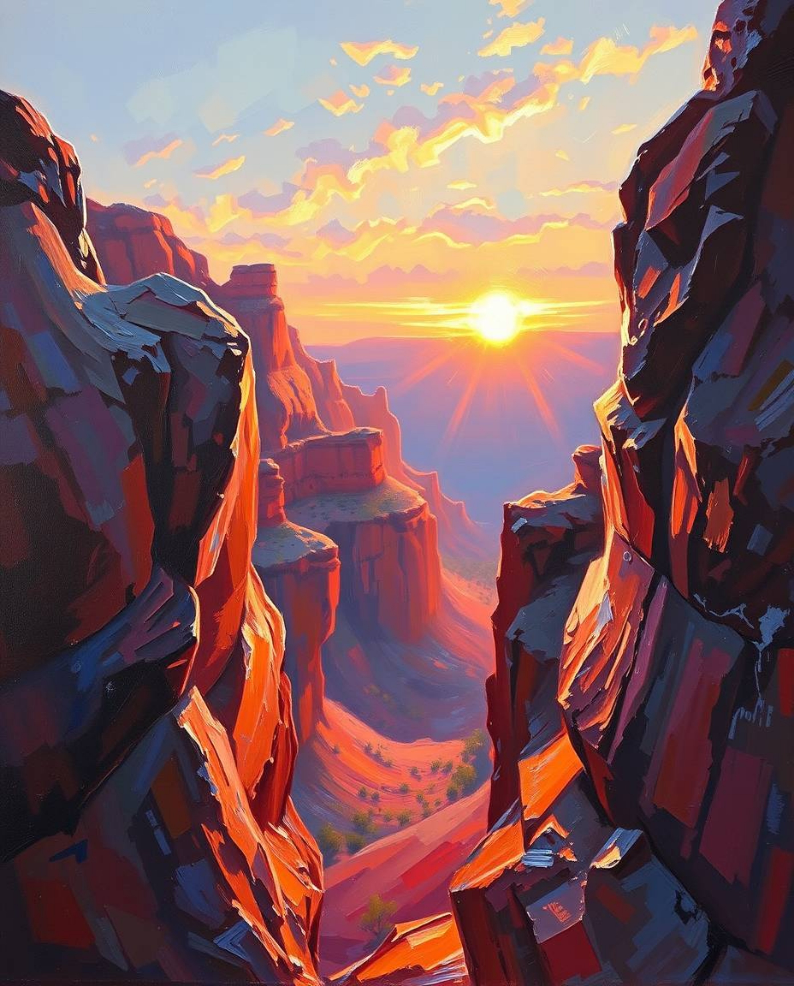 This is a classic oil painting that captures a sunset illuminating sandstone cliffs in a canyon. The artist employs iridescen