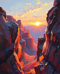 This is a classic oil painting that captures a sunset illuminating sandstone cliffs in a canyon. The artist employs iridescen