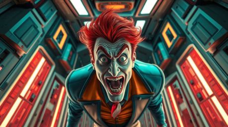 A villain with striking red hair and a comical expression of surprise is captured from a high-angle, overhead perspective, ex