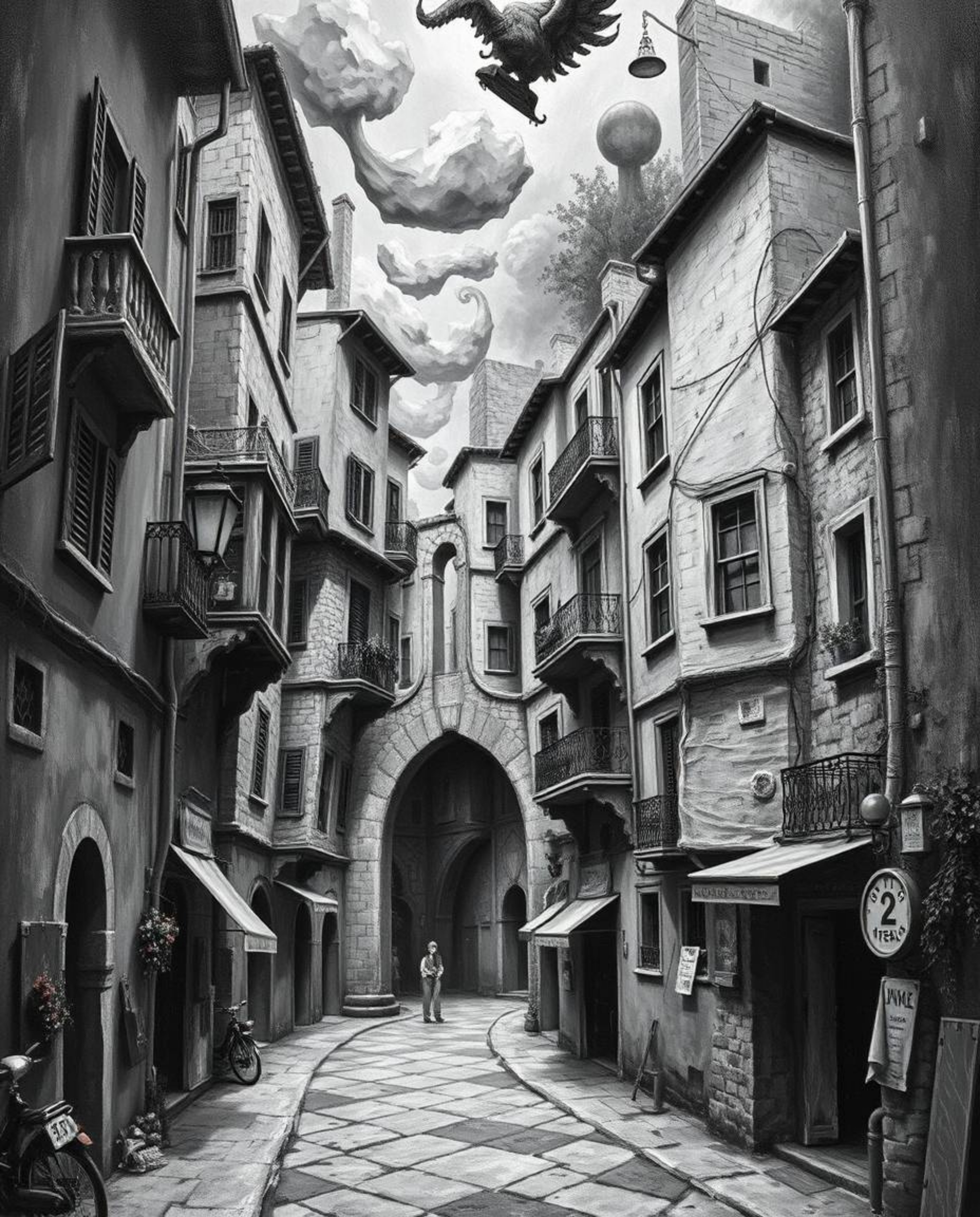 A captivating classic black and white oil painting depicts a surreal street scene.  Buildings fold and twist in a mesmerizing