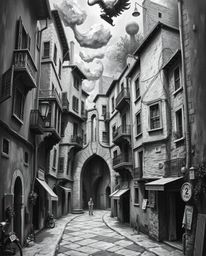 A captivating classic black and white oil painting depicts a surreal street scene.  Buildings fold and twist in a mesmerizing