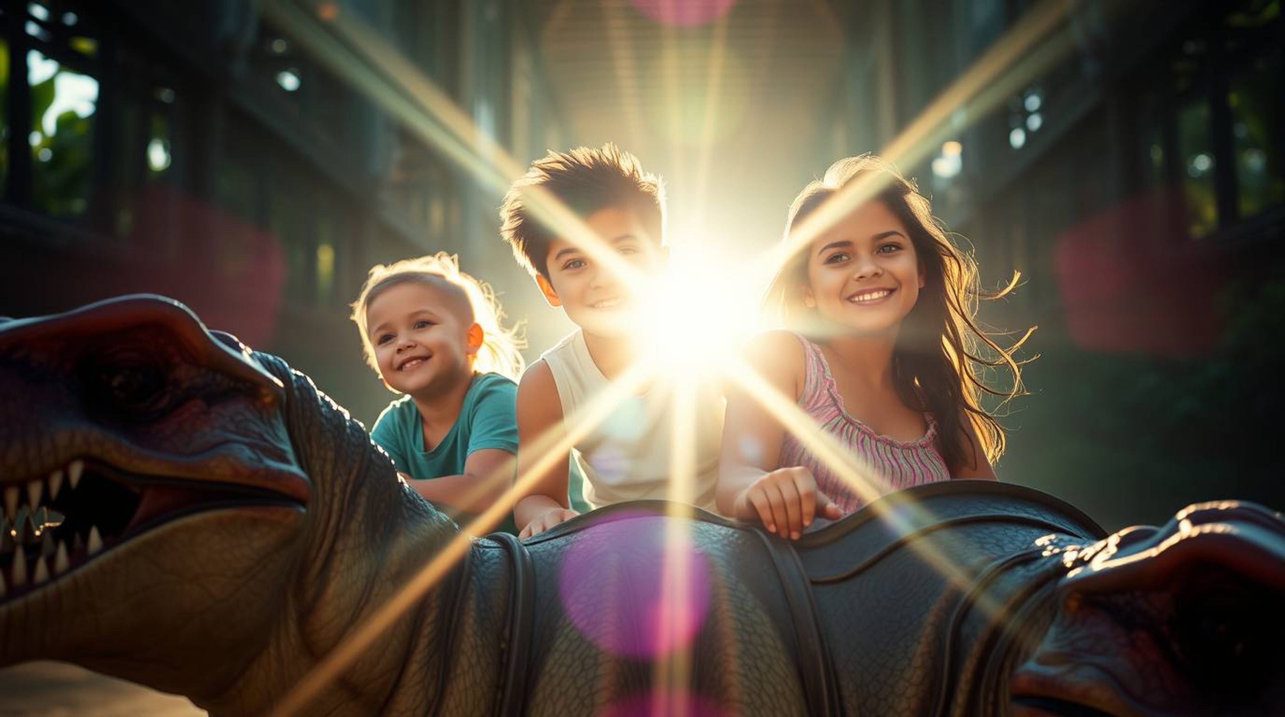 A captivating digital artwork depicts a prehistoric family with diverse skin tones enjoying a vibrant ride in a dinosaur-shap