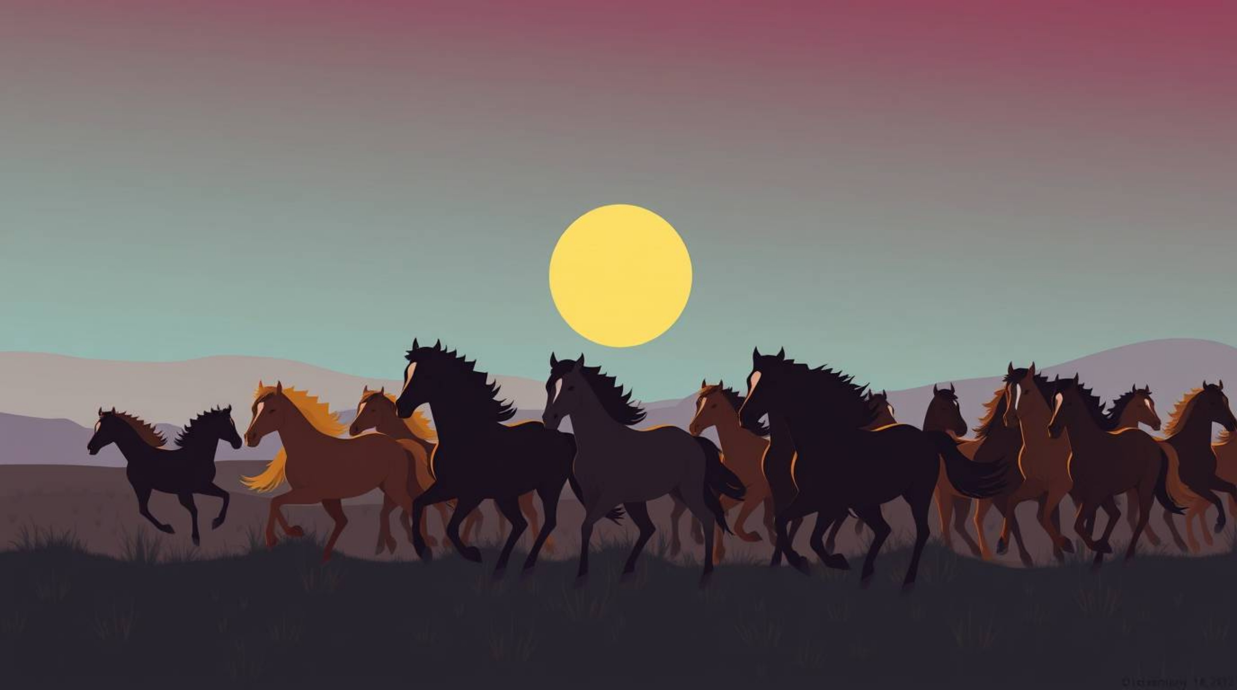 A captivating modern flat design showcases a herd of wild horses galloping under a vibrant, glowing sky.  The artwork utilize