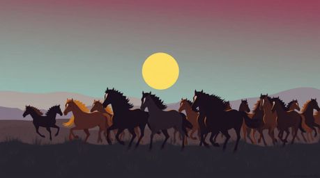 A captivating modern flat design showcases a herd of wild horses galloping under a vibrant, glowing sky.  The artwork utilize