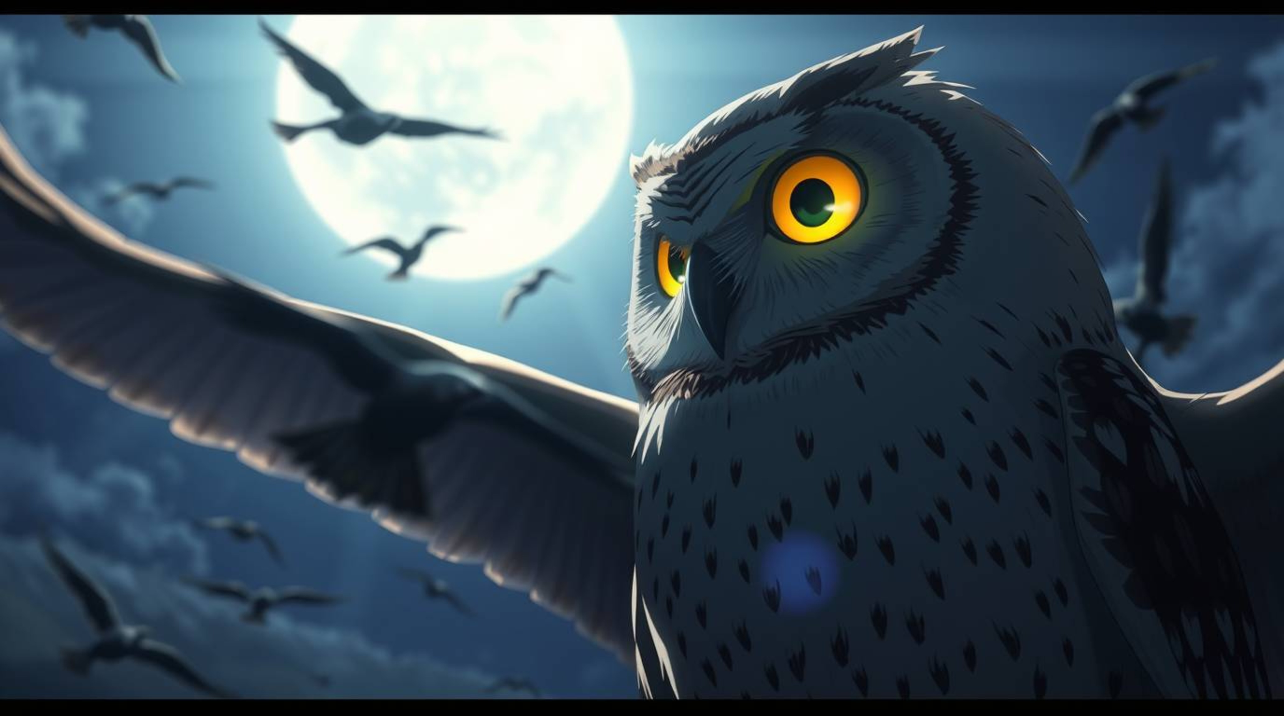 Experience a captivating scene where intense dramatic lighting illuminates a blind owl, rendered in a heartwarming Pixar styl