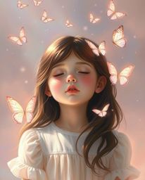 This artwork captures a serene scene of a girl with delicate features gently releasing butterflies into the air. Bathed in so